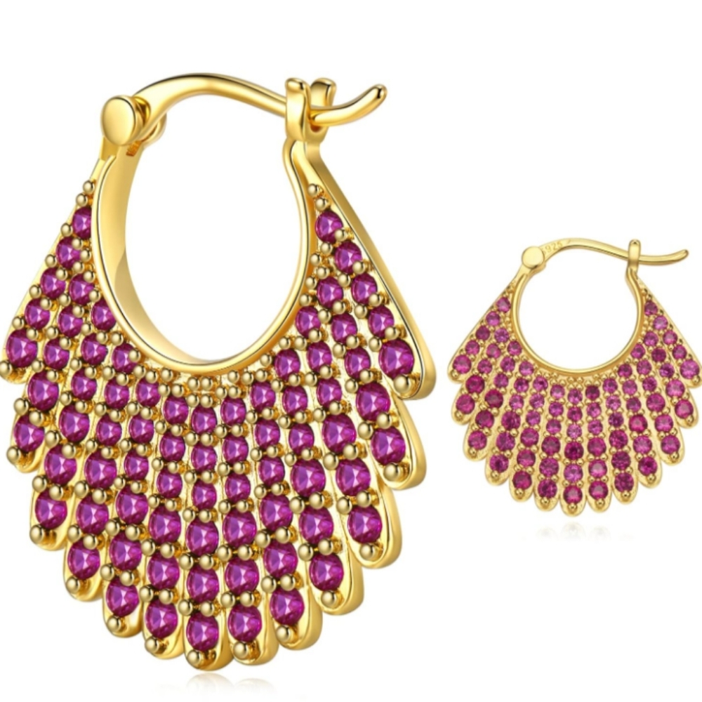 Pink Berry Rhinestone Fan Hoop Earrings Crystal Gold Hoops Lavender Fuchsia Fans